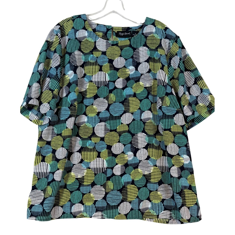 Maggie Barnes Womens Plus 1X Blouse‎ Teal Green Geometric Circle Print Top Mod